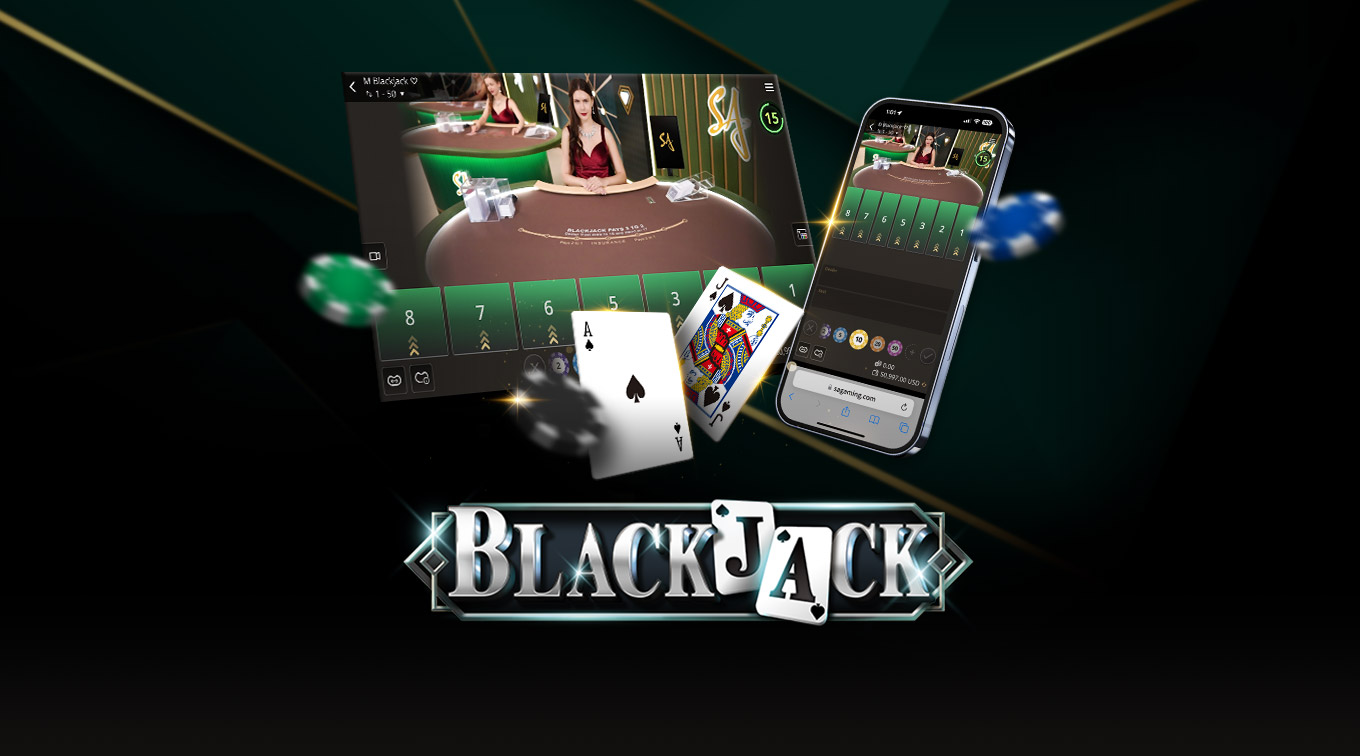Image for an online Blackjack game featuring a dealer at a casino table on the left and a mobile interface on the right. The text 'BLACKJACK' is prominently displayed at the bottom, with playing cards and poker chips floating around.