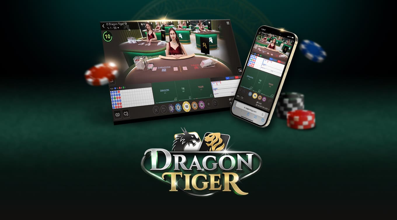 Image for an online Dragon Tiger game featuring a dealer at a casino table on the left and a mobile interface on the right. The text 'DRAGON TIGER' is prominently displayed at the bottom, with poker chips and colorful betting options visible.