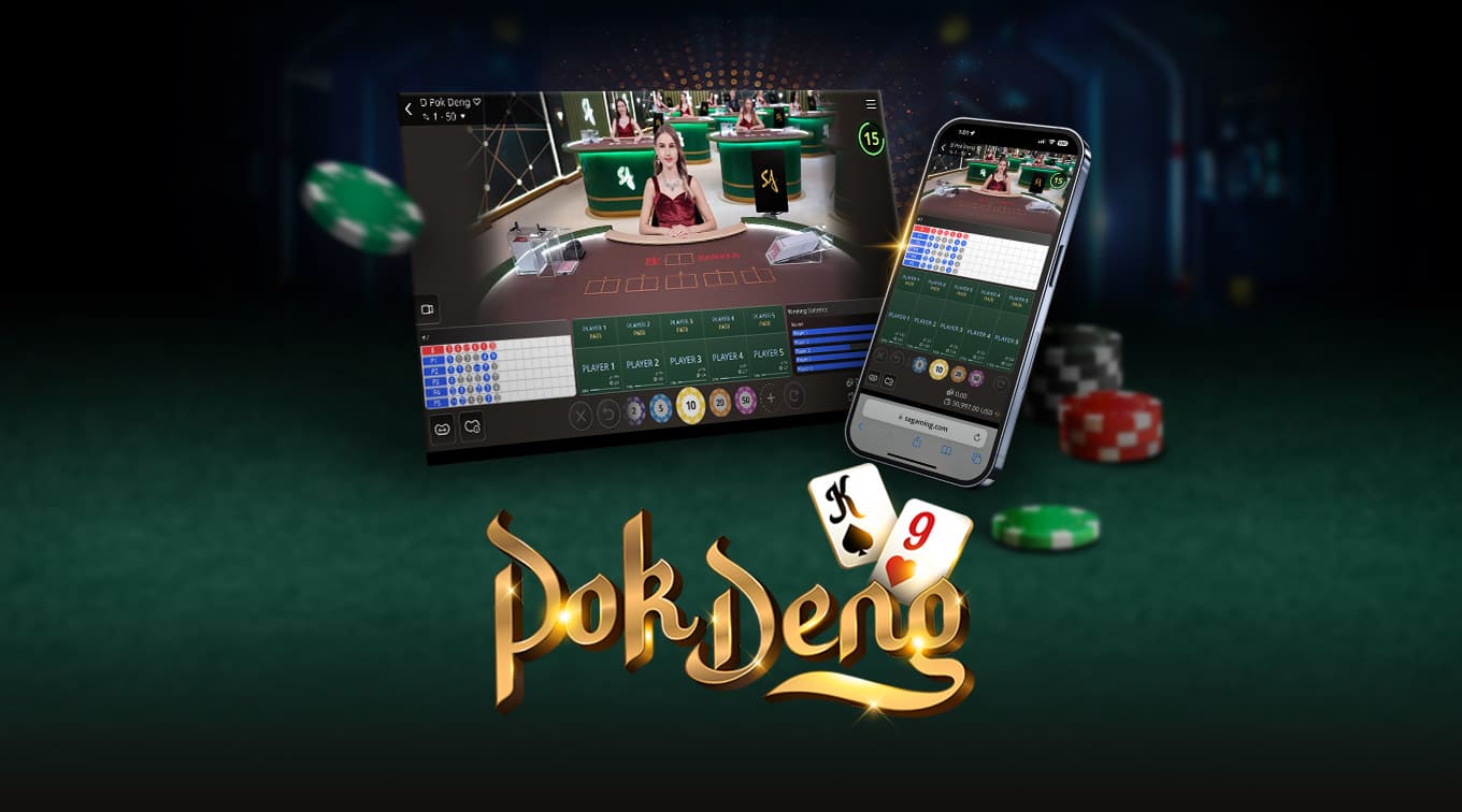 Image for an online Pok Deng game featuring a dealer at a casino table on the left and a mobile interface on the right. The text 'POK DENG' is prominently displayed at the bottom, with colorful poker chips and game cards surrounding the scene.