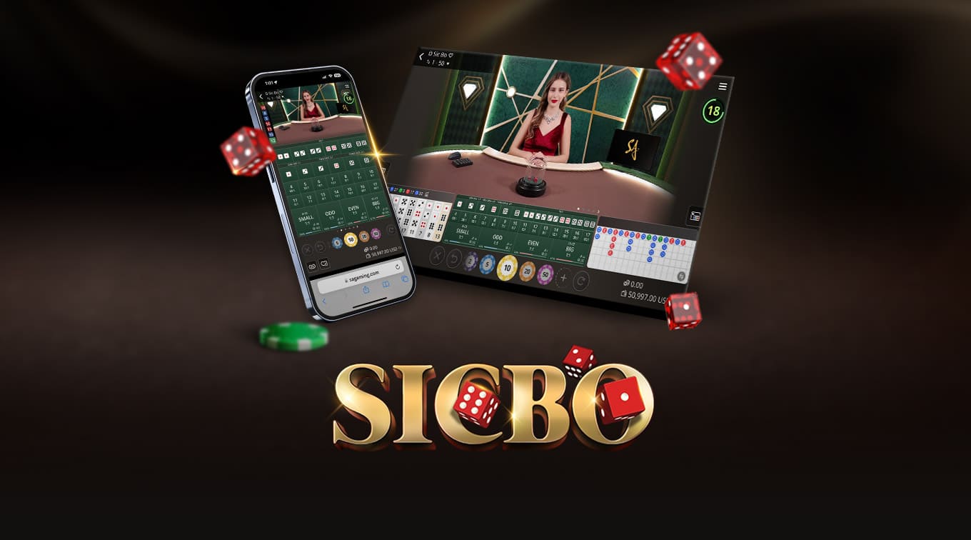 Image for an online Sic Bo game featuring a mobile interface on the left and a tablet interface on the right. The text 'SIC BO' is prominently displayed at the bottom, with colorful dice and betting options floating around.