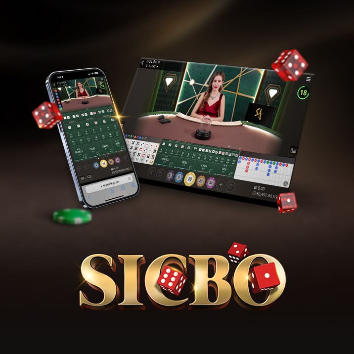 Image for an online Sic Bo game featuring a mobile interface on the left and a tablet interface on the right. The text 'SIC BO' is prominently displayed at the bottom, with colorful dice and betting options floating around.