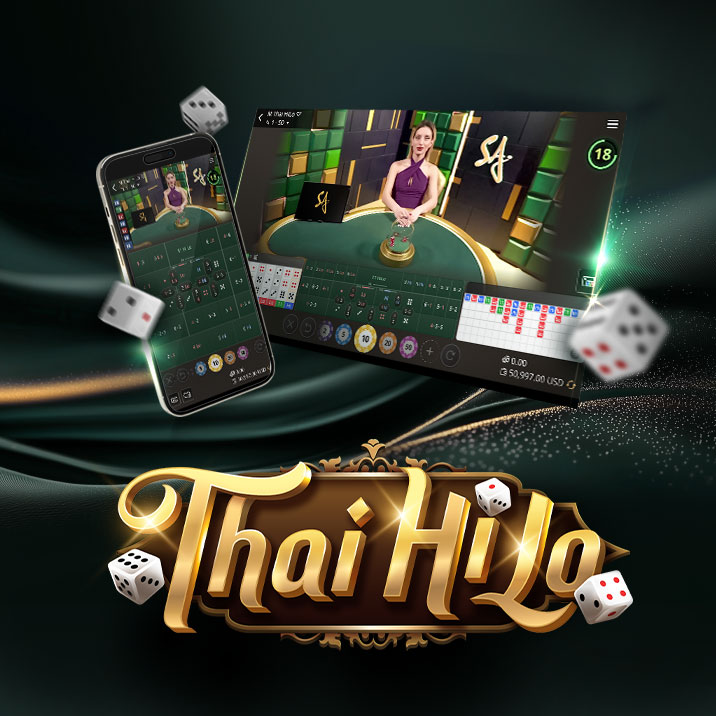 Image for an online Thai HiLo game featuring a dealer at a gaming table on the right and a mobile interface on the left. The text 'Thai HiLo' is prominently displayed at the bottom, accompanied by 3 dice.